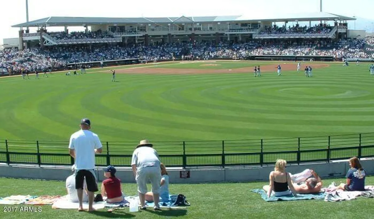 A cheerful exterior scene at a local baseball field, with a crowd of spectators lounging on the grass and enjoying the game. The image conveys a communal, festive atmosphere with people socializing and making memories.